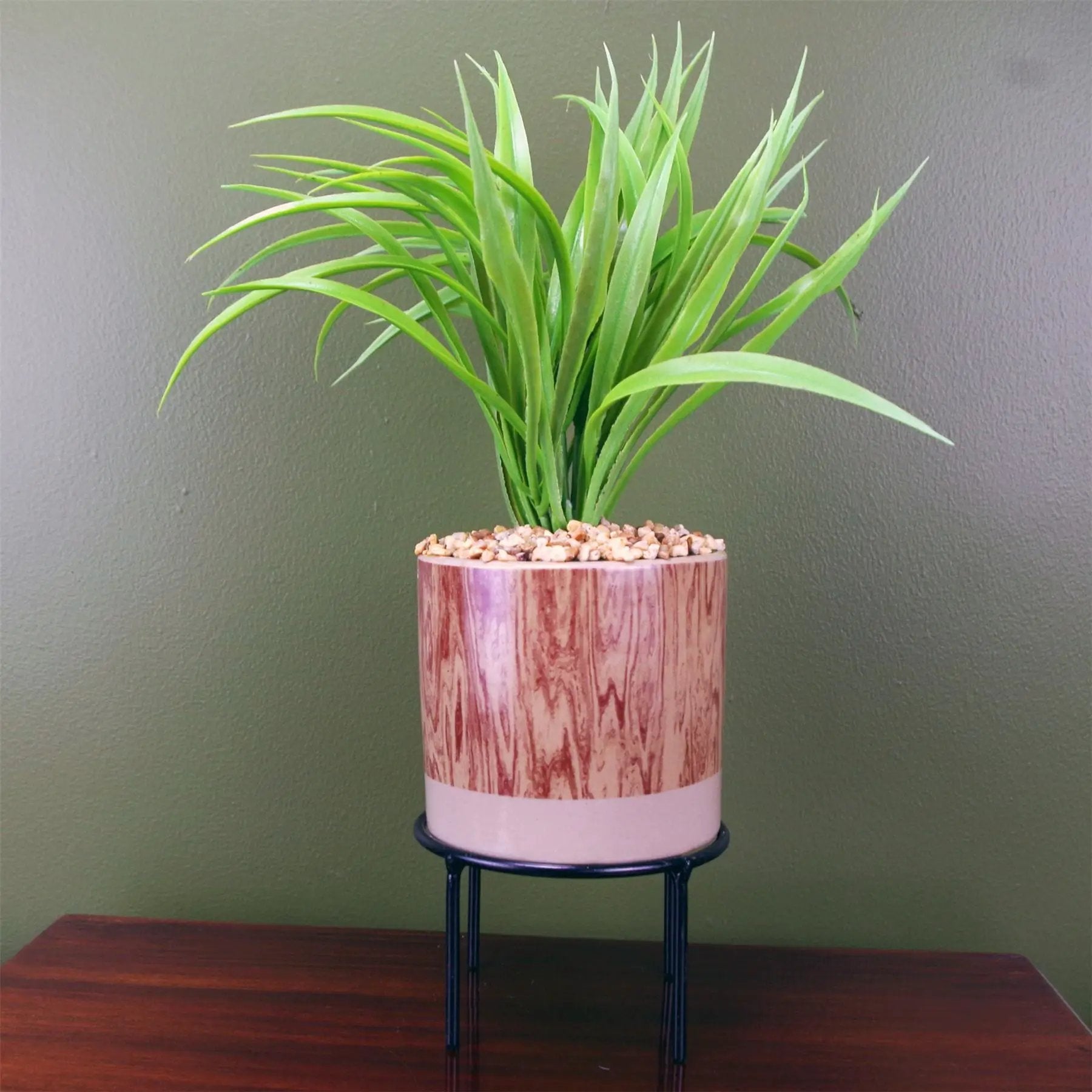 35cm Artificial Grass Plant with Contemporary Ceramic Planter and Metal Stand set by Leaf