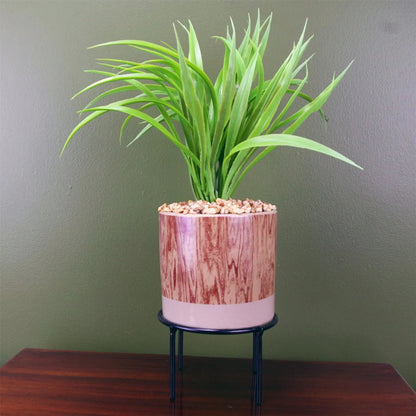 35cm Artificial Grass Plant with Contemporary Ceramic Planter and Metal Stand set by Leaf