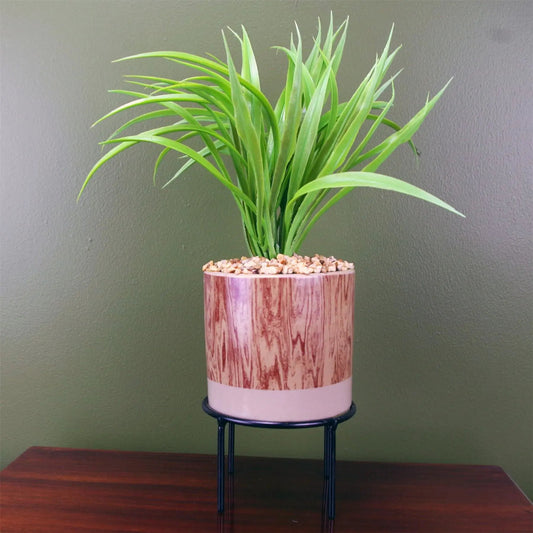35cm Artificial Grass Plant with Contemporary Ceramic Planter and Metal Stand set by Leaf