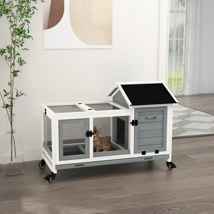PawHut Wooden Rabbit Hutch, Small Animal House w/ Wheels, Removable Tray - Grey by PawHut