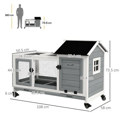 PawHut Wooden Rabbit Hutch, Small Animal House w/ Wheels, Removable Tray - Grey by PawHut