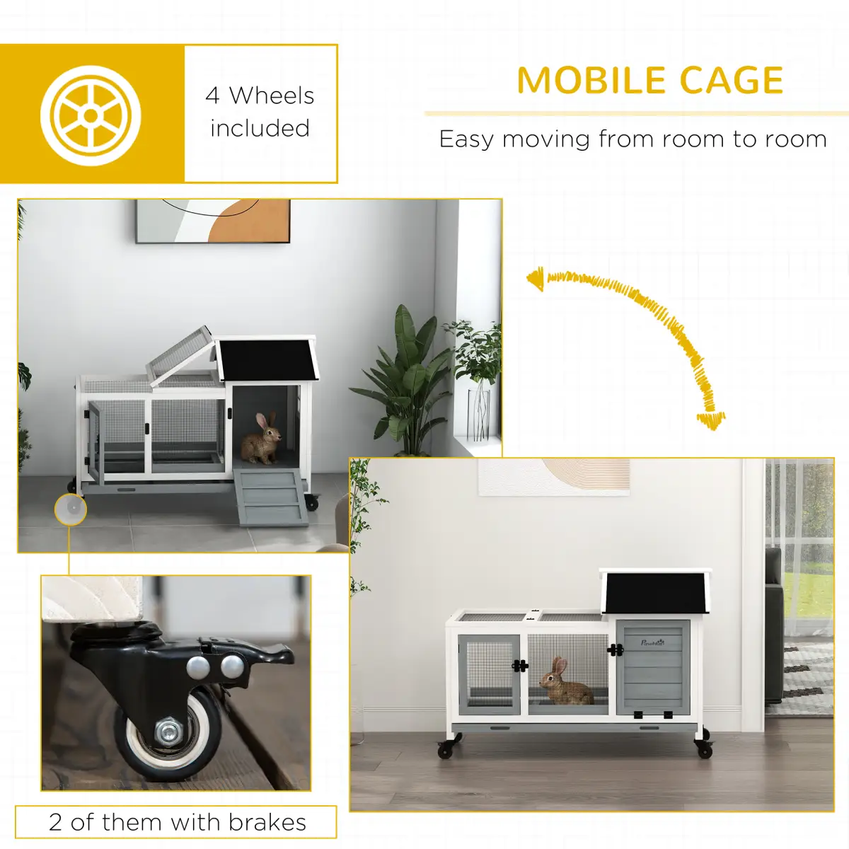 PawHut Wooden Rabbit Hutch, Small Animal House w/ Wheels, Removable Tray - Grey by PawHut
