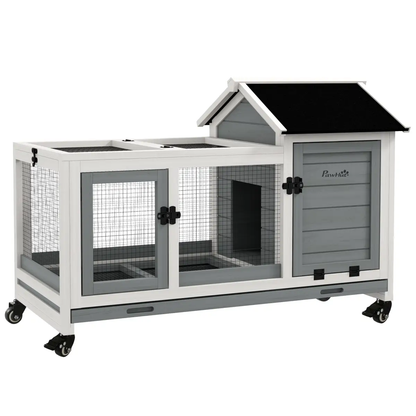 PawHut Wooden Rabbit Hutch, Small Animal House w/ Wheels, Removable Tray - Grey by PawHut