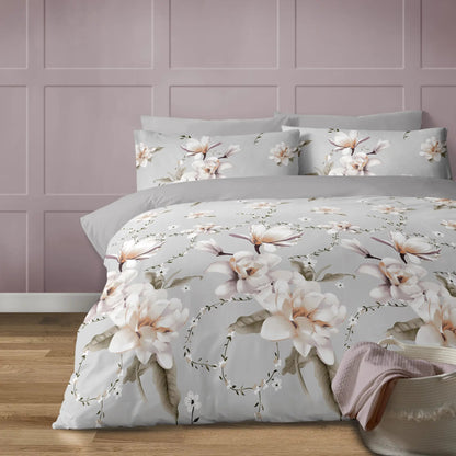 Anemone grey duvet cover set with large white floral print by Bellissimo Home