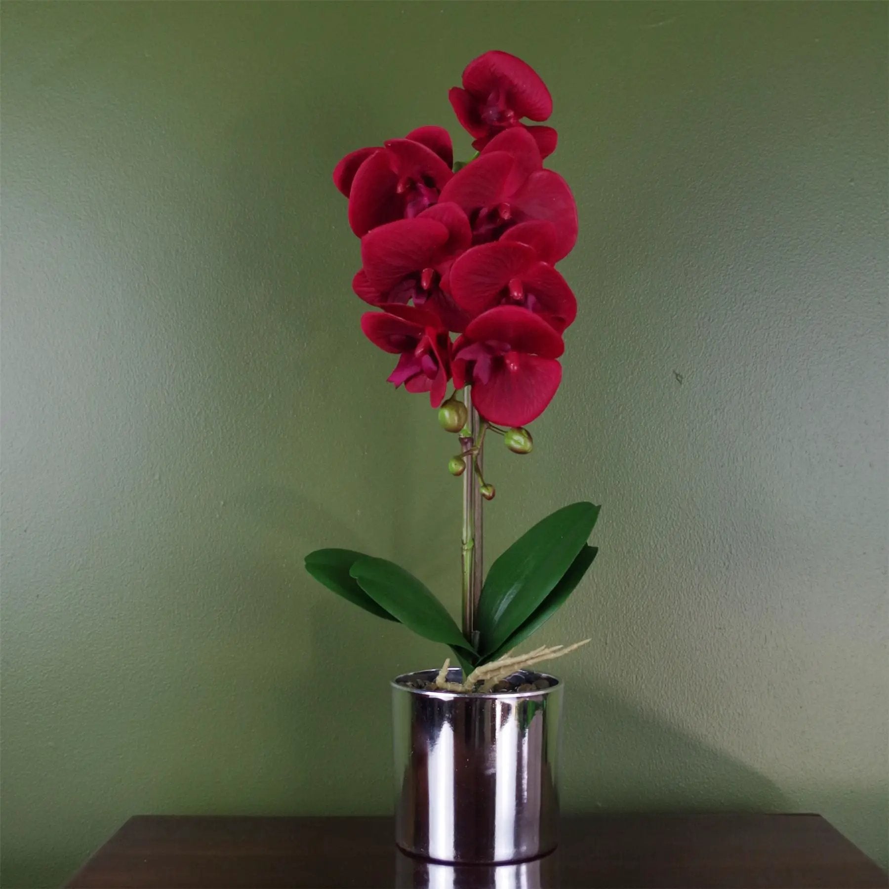 46cm Artificial Orchid Red with Silver Pot by Leaf