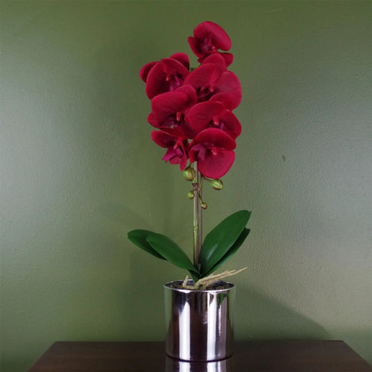 46cm Artificial Orchid Red with Silver Pot by Leaf