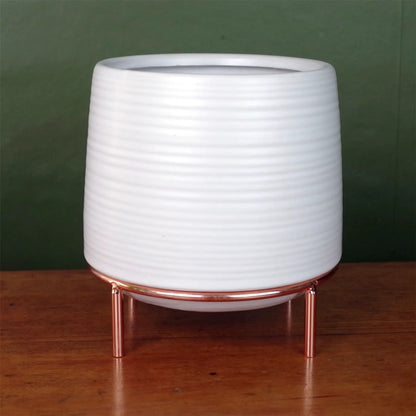 White Ceramic Planter Metal Stand Plant Pot by Leaf