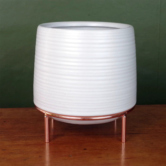 White Ceramic Planter Metal Stand Plant Pot by Leaf
