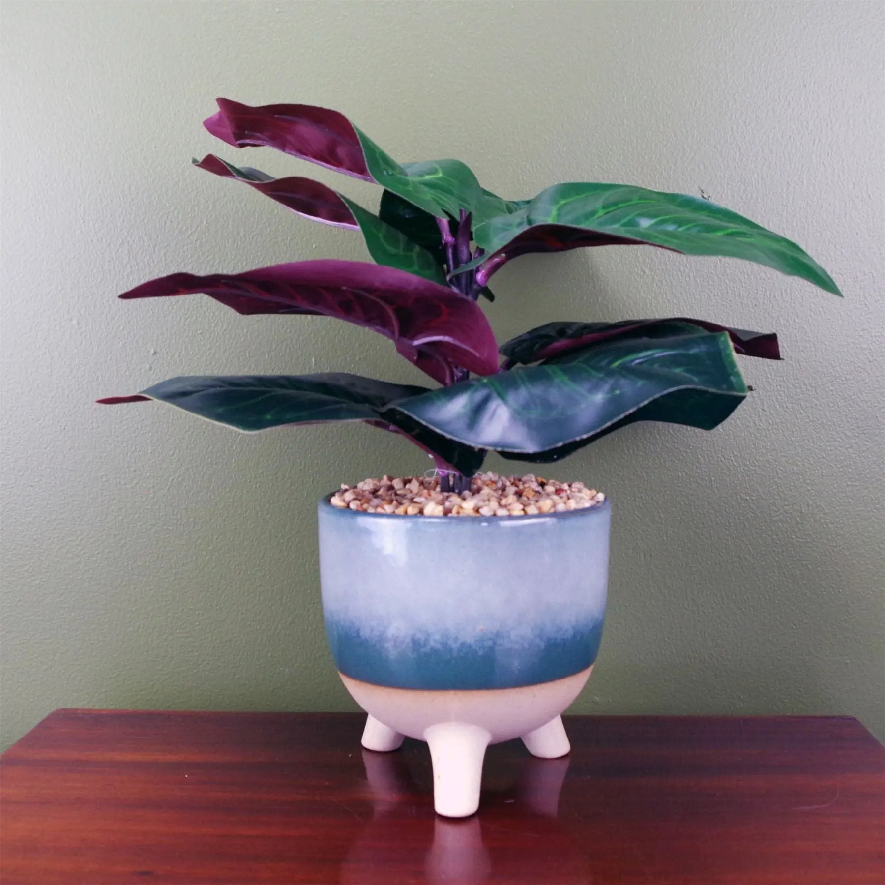 35cm Artificial Ficus Plant Potted in Teal Blue Green Ceramic Planter by Leaf