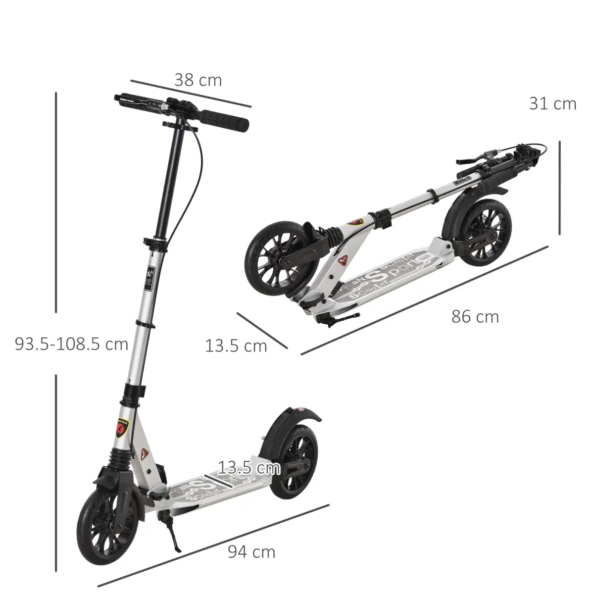 HOMCOM Adult Teens Kick Scooter Fold Adjust 14+ w/ Rear Wheel&Hand Brake by HOMCOM