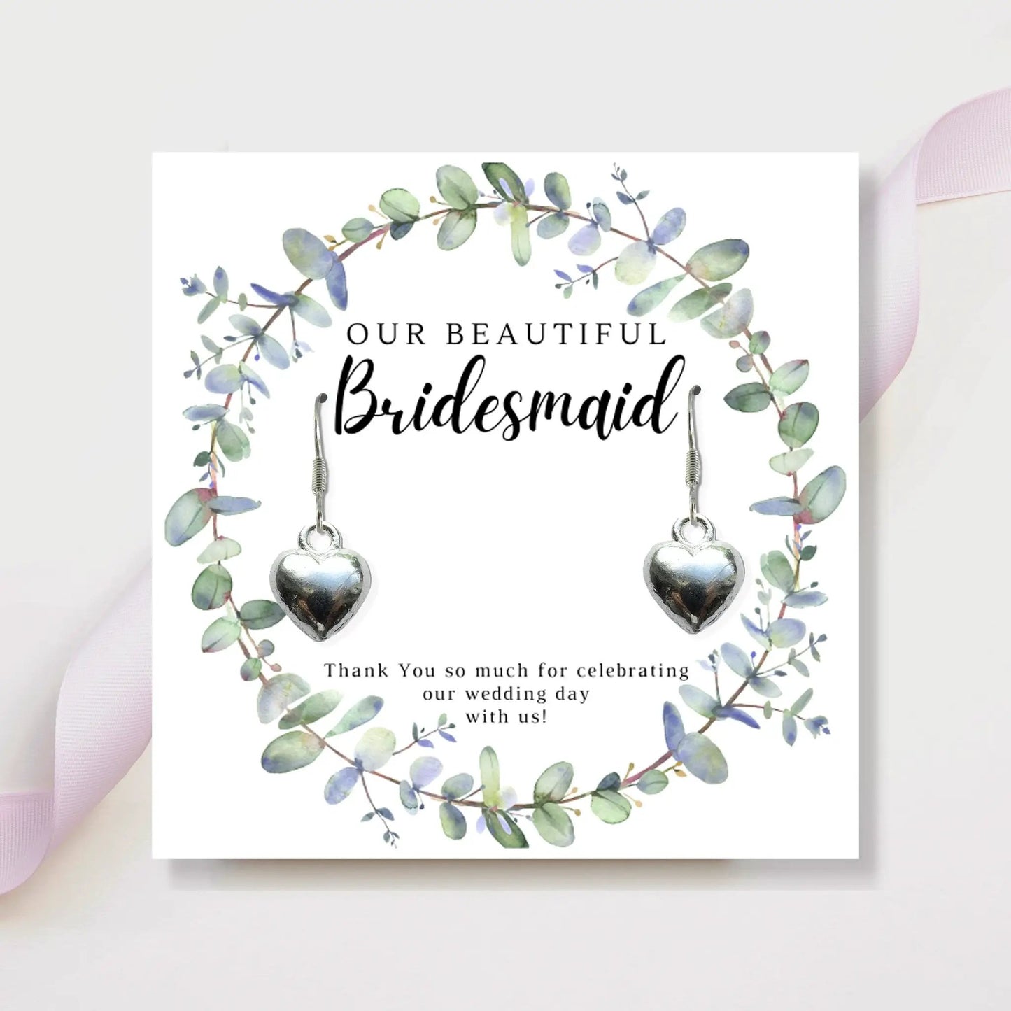 Bridesmaids Heart Earrings & Eucalyptus Thank You Card by Aye Do Gifts