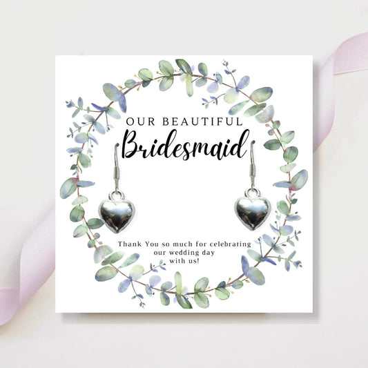 Bridesmaids Heart Earrings & Eucalyptus Thank You Card by Aye Do Gifts
