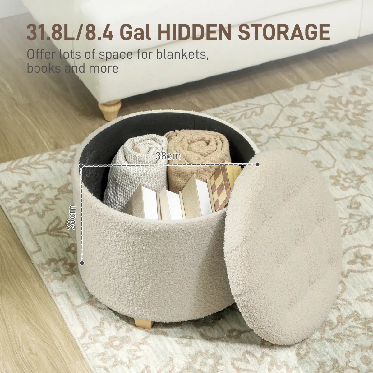 HOMCOM 45cm Round Ottoman with Storage, Lid, Cashmere Footstool by HOMCOM