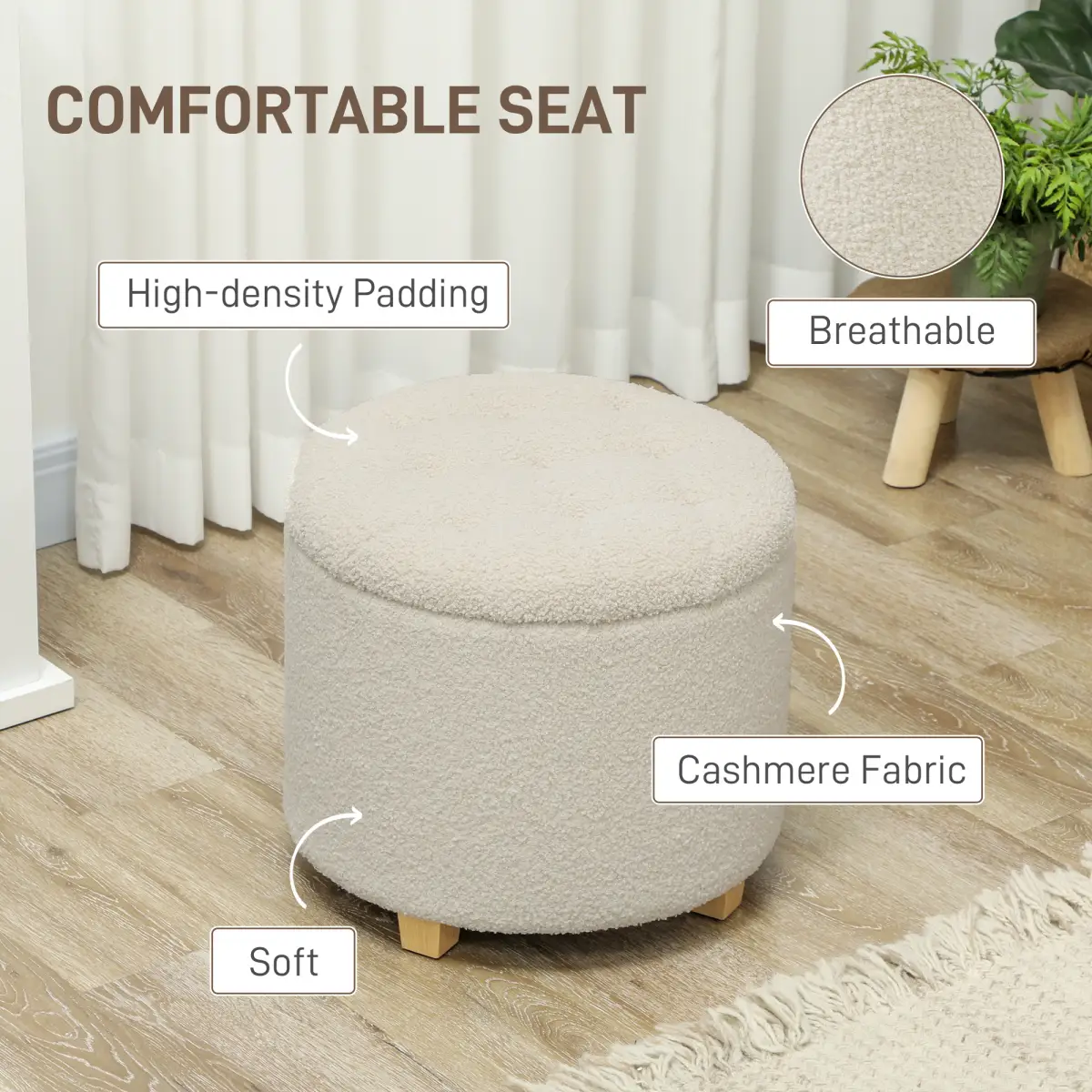 HOMCOM 45cm Round Ottoman with Storage, Lid, Cashmere Footstool by HOMCOM
