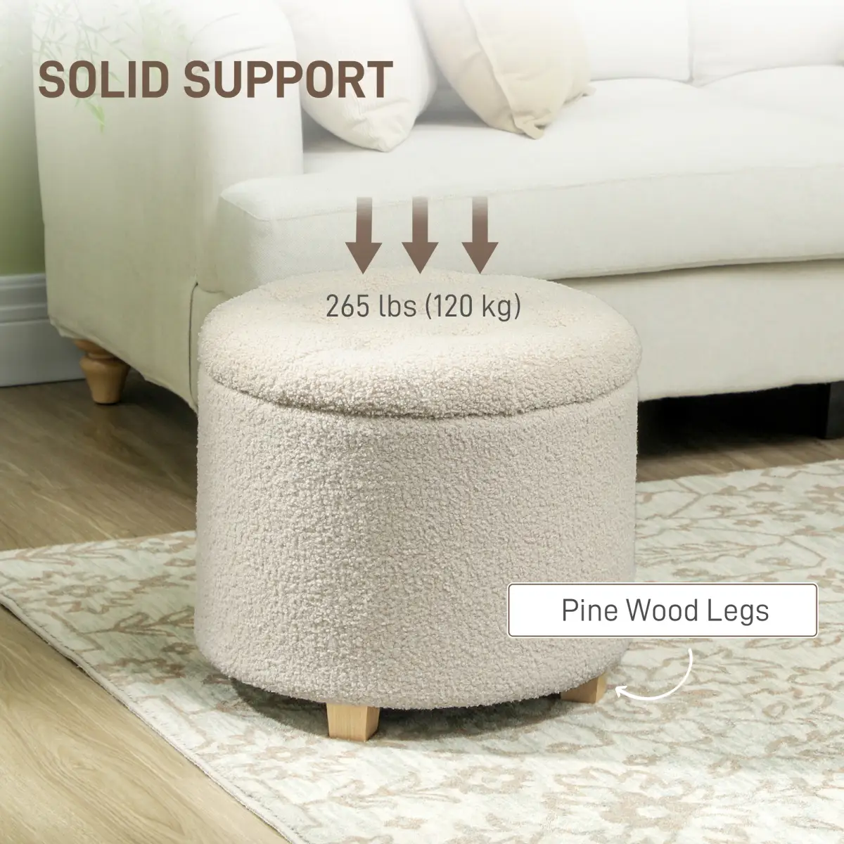 HOMCOM 45cm Round Ottoman with Storage, Lid, Cashmere Footstool by HOMCOM