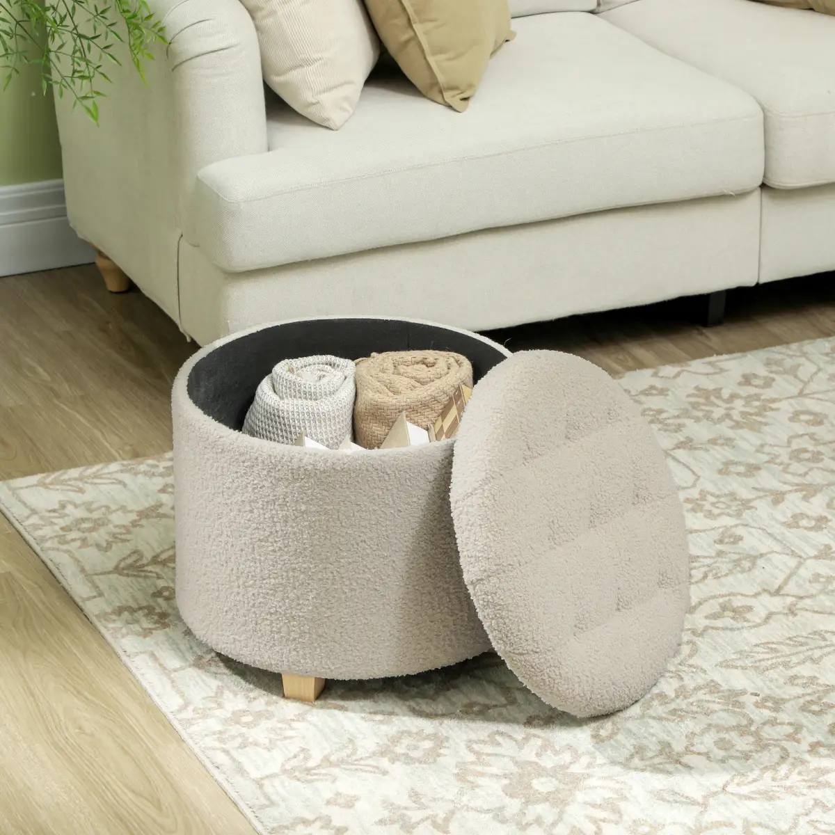 HOMCOM 45cm Round Ottoman with Storage, Lid, Cashmere Footstool by HOMCOM