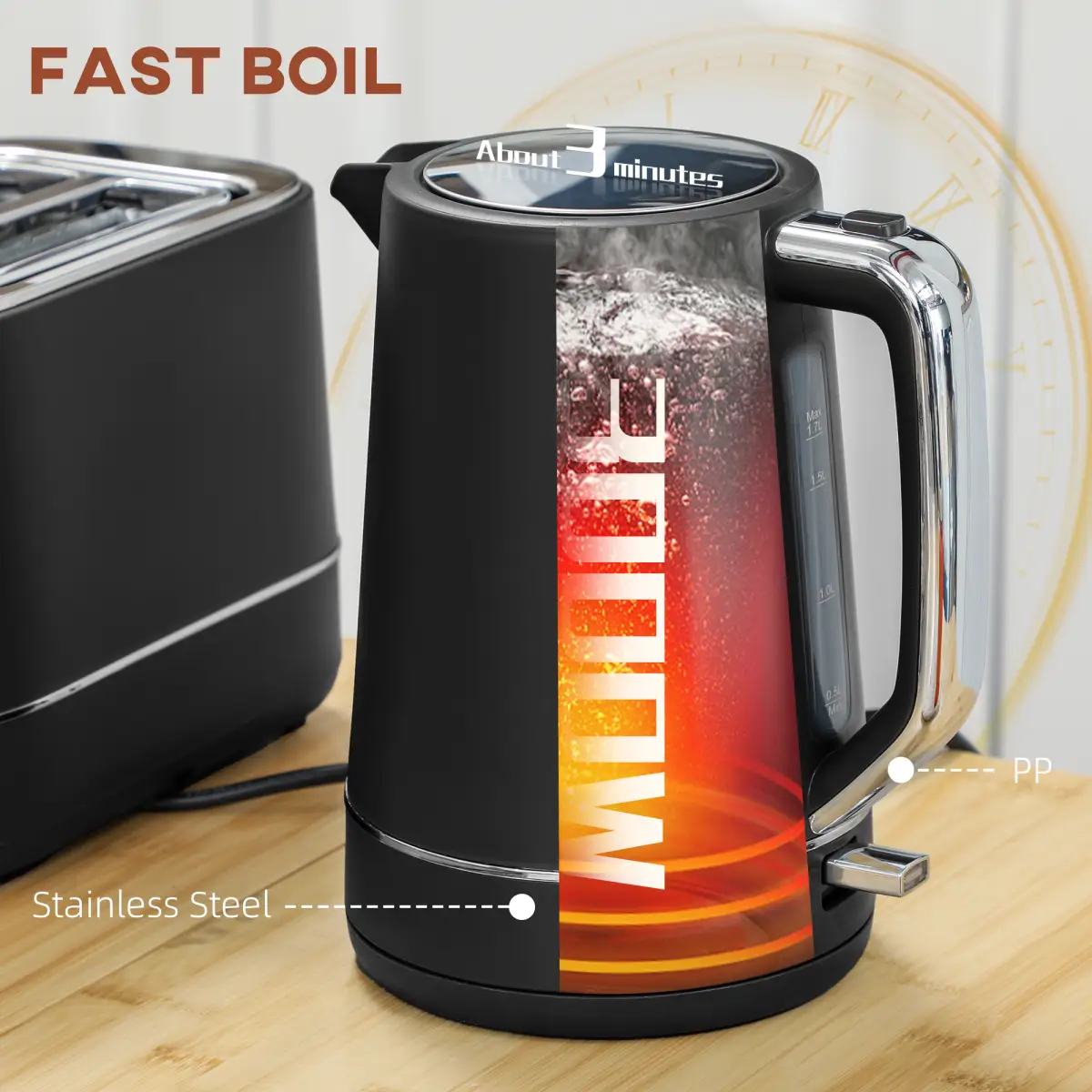 HOMCOM 1.7L 3000W Fast Boil Electric Kettle and 2 Slice Toaster Set by HOMCOM