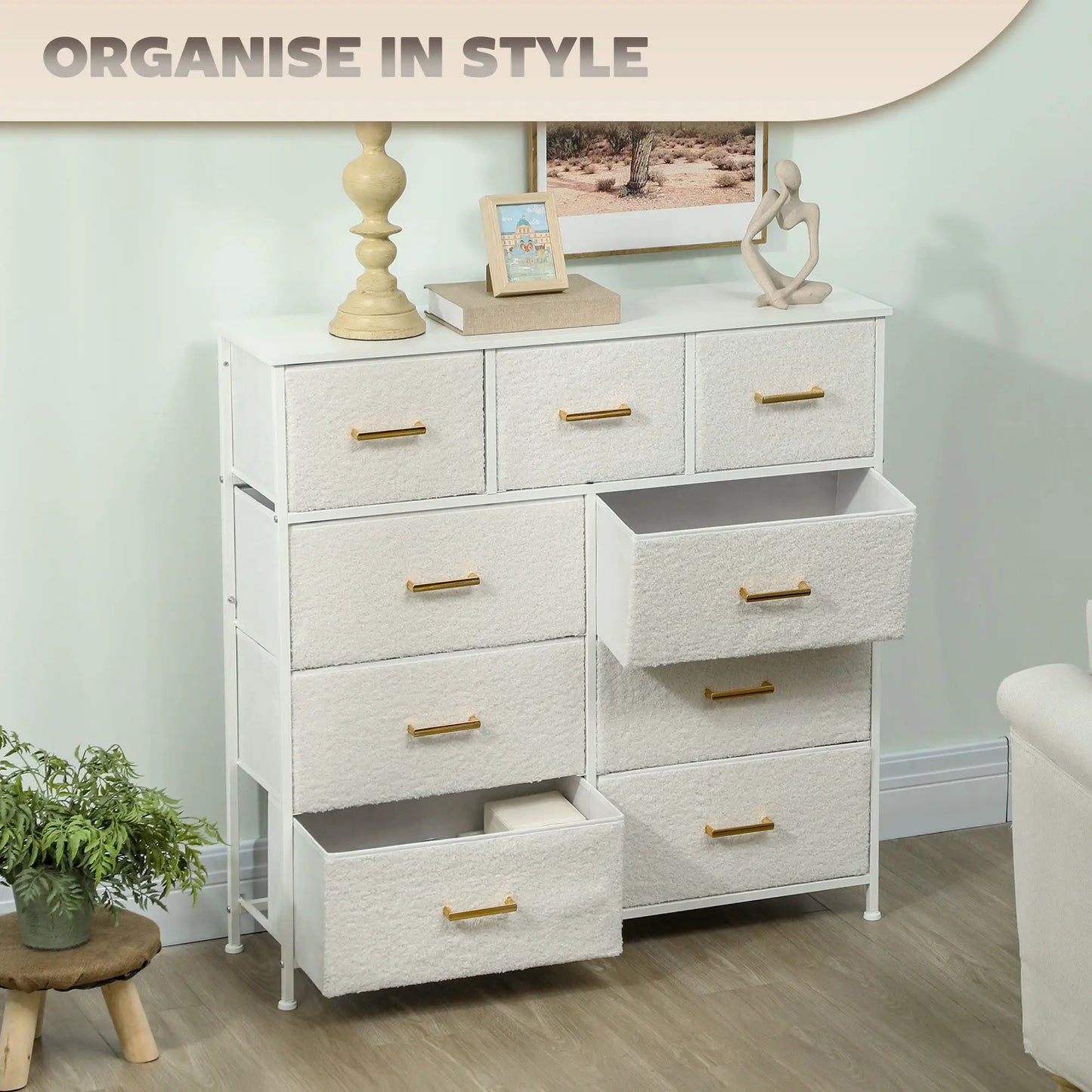 Stylish Cream White Storage Unit with Nine Drawers and Durable Steel Frame by HOMCOM