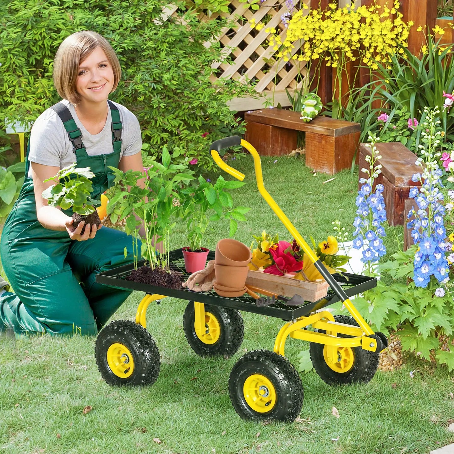 Garden Trolley Cart with Pneumatic Wheels and Rotating Handle, Yellow by Outsunny