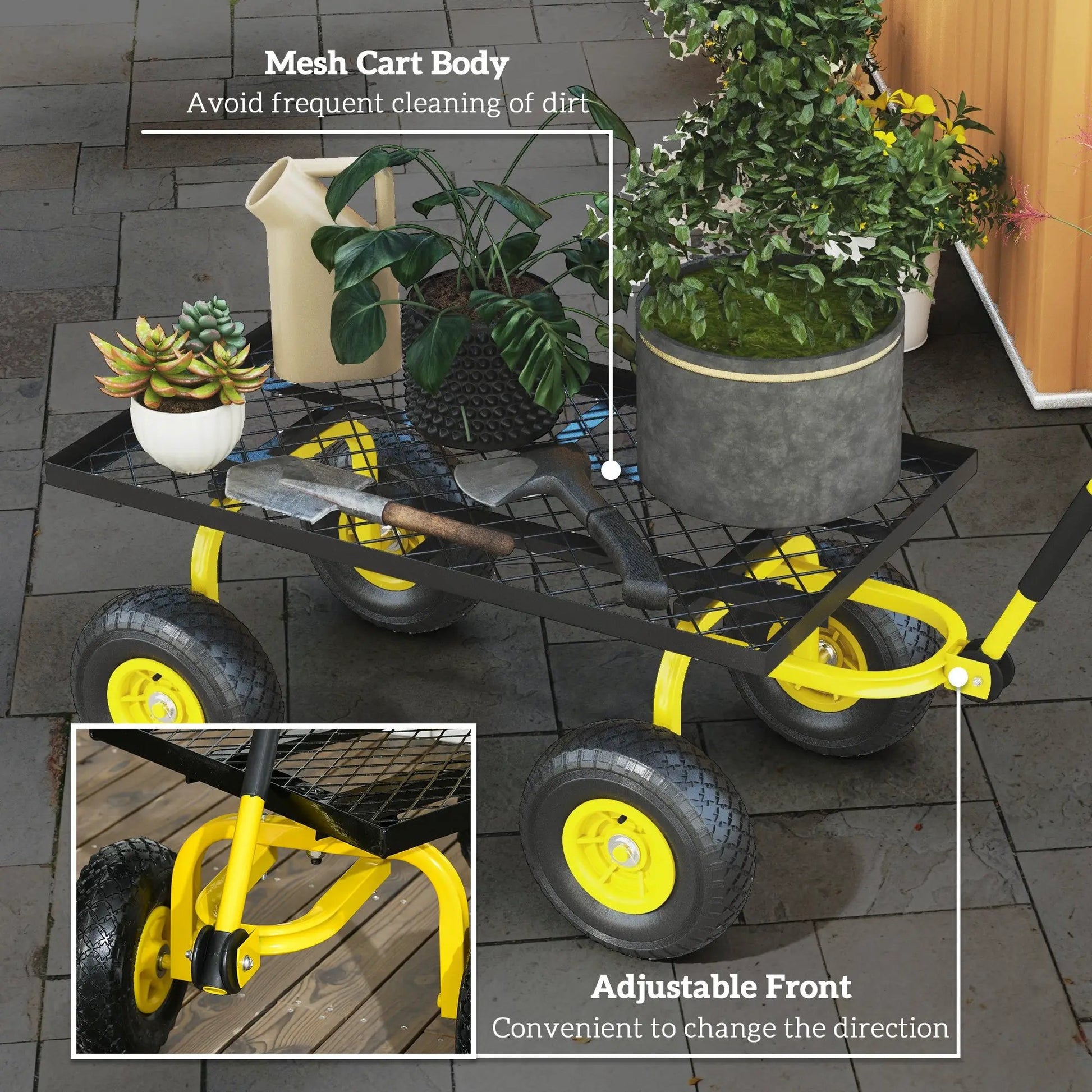 Garden Trolley Cart with Pneumatic Wheels and Rotating Handle, Yellow by Outsunny