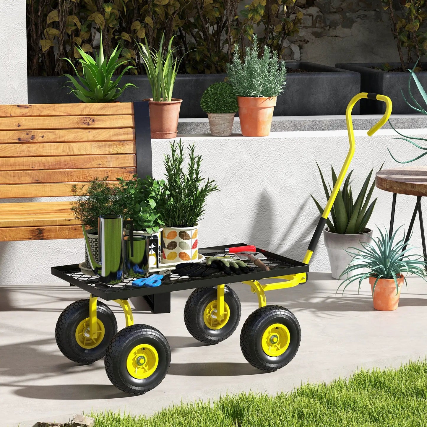 Garden Trolley Cart with Pneumatic Wheels and Rotating Handle, Yellow by Outsunny