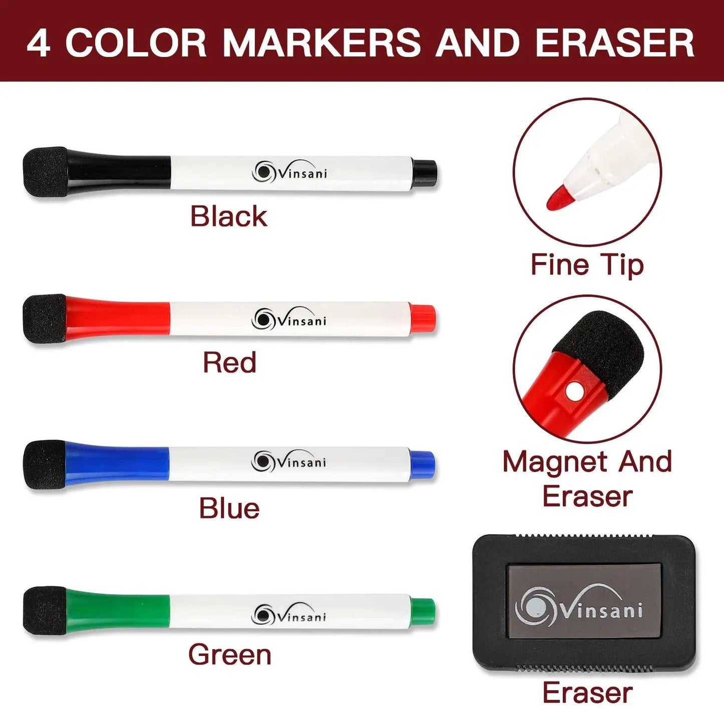 Vinsani 450x600 Whiteboard w/ 4 Markers and Eraser 0000143 by Vinsani