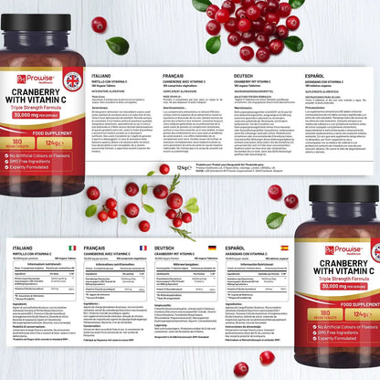 Triple Strength Cranberry 30,000mg Added with Vitamin C I 180 Vegan Tablets by Prowise by Prowise Healthcare