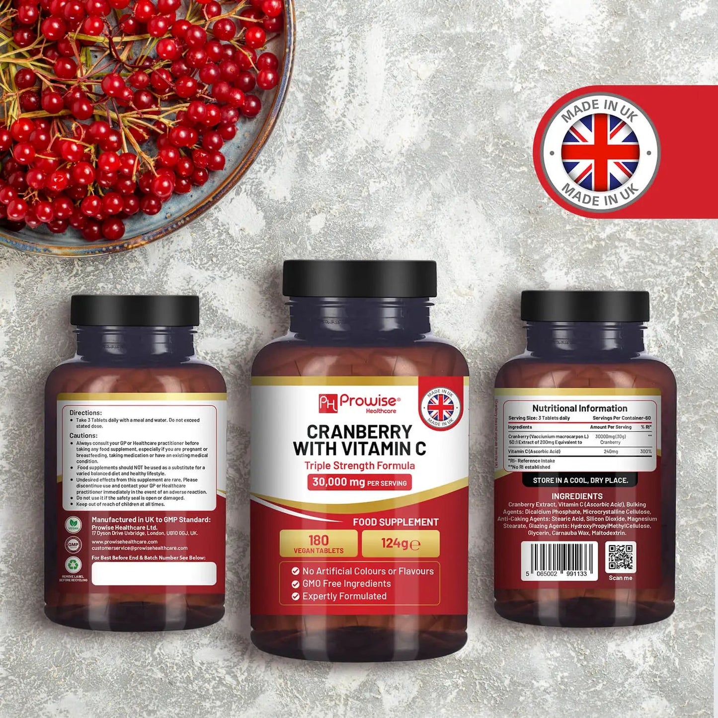 Triple Strength Cranberry 30,000mg Added with Vitamin C I 180 Vegan Tablets by Prowise by Prowise Healthcare