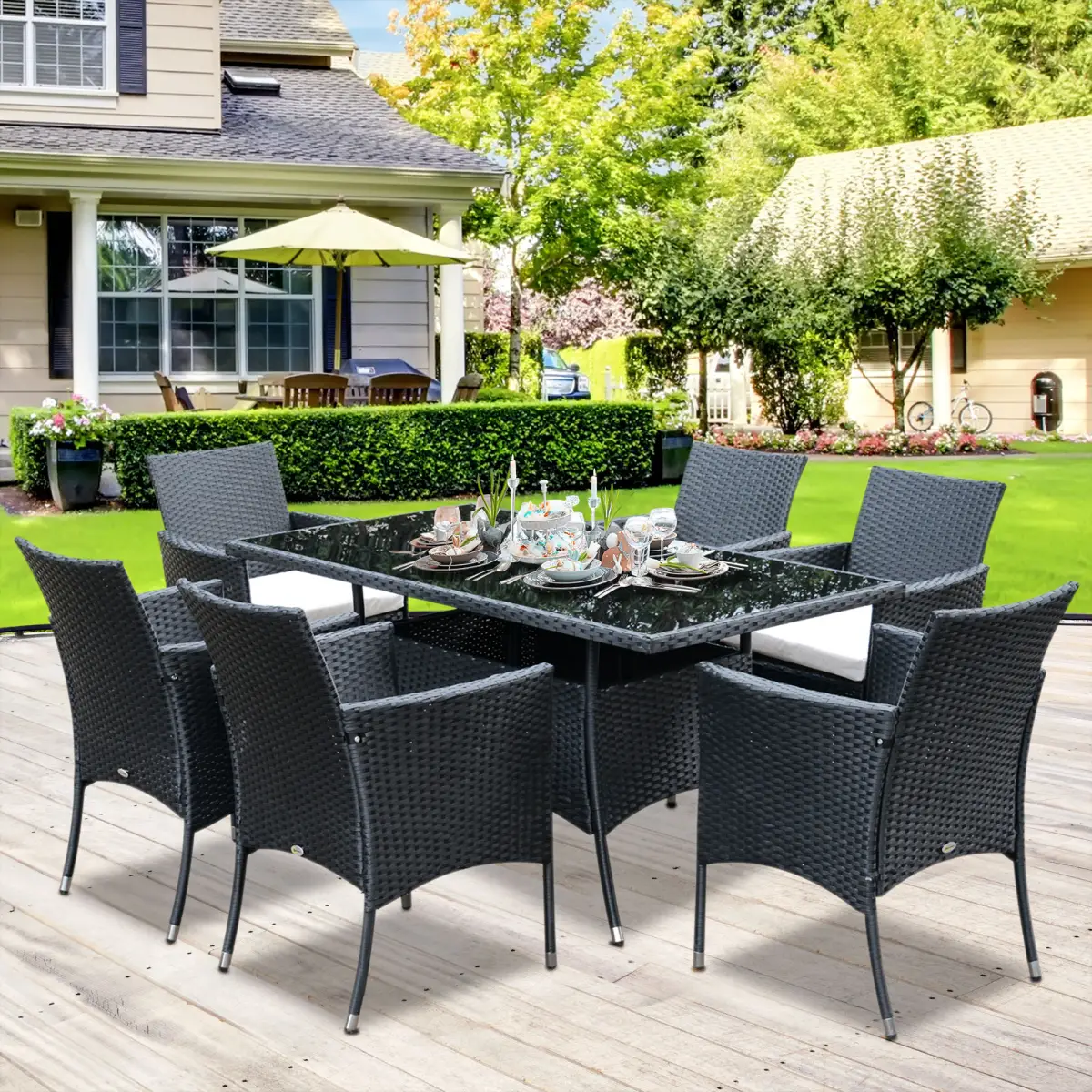 Rattan Garden Furniture Dining Set 6-seater Patio Rectangular Table Cube Chairs by Outsunny