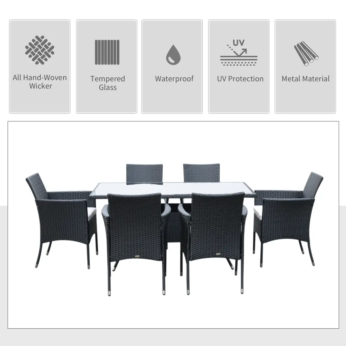 Rattan Garden Furniture Dining Set 6-seater Patio Rectangular Table Cube Chairs by Outsunny