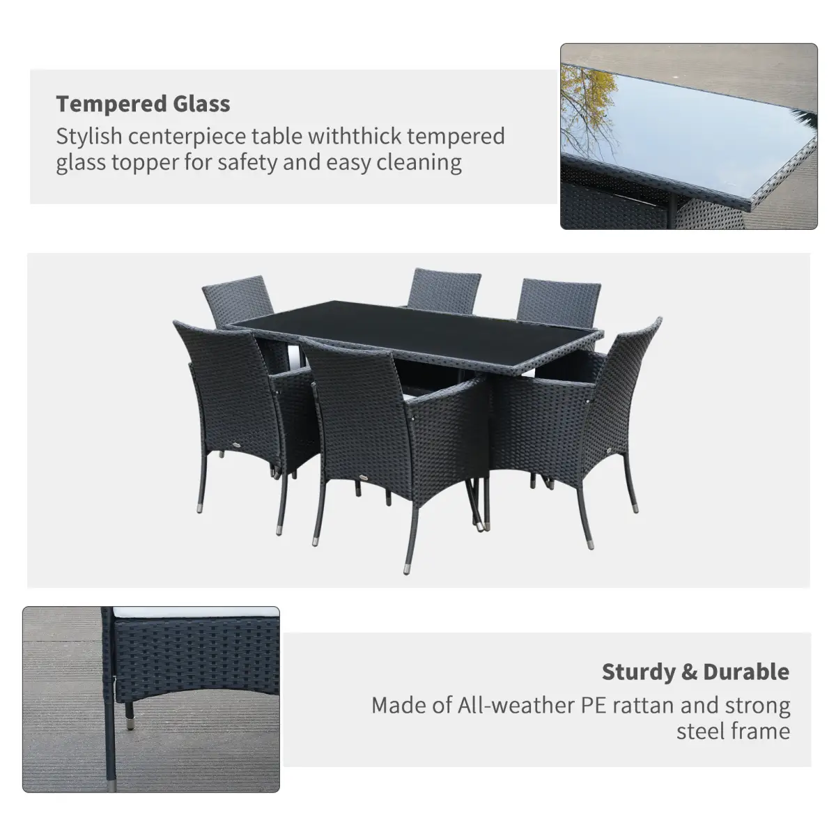 Rattan Garden Furniture Dining Set 6-seater Patio Rectangular Table Cube Chairs by Outsunny