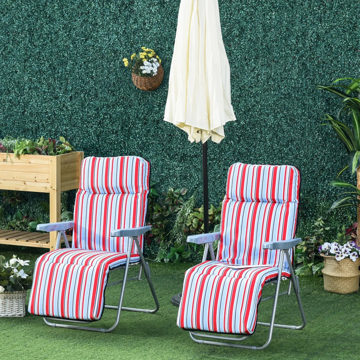 2 Outdoor Sun Recliners Loungers Folding Multi Position Relaxers Chair & Cushion by Outsunny