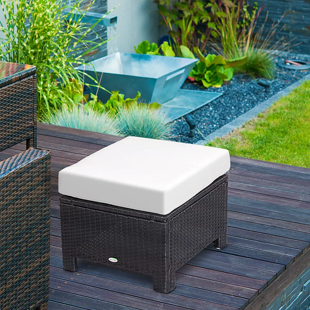 Rattan Footstool Wicker Ottoman with Padded Seat Cushion Furniture 50x50x35 cm by Outsunny