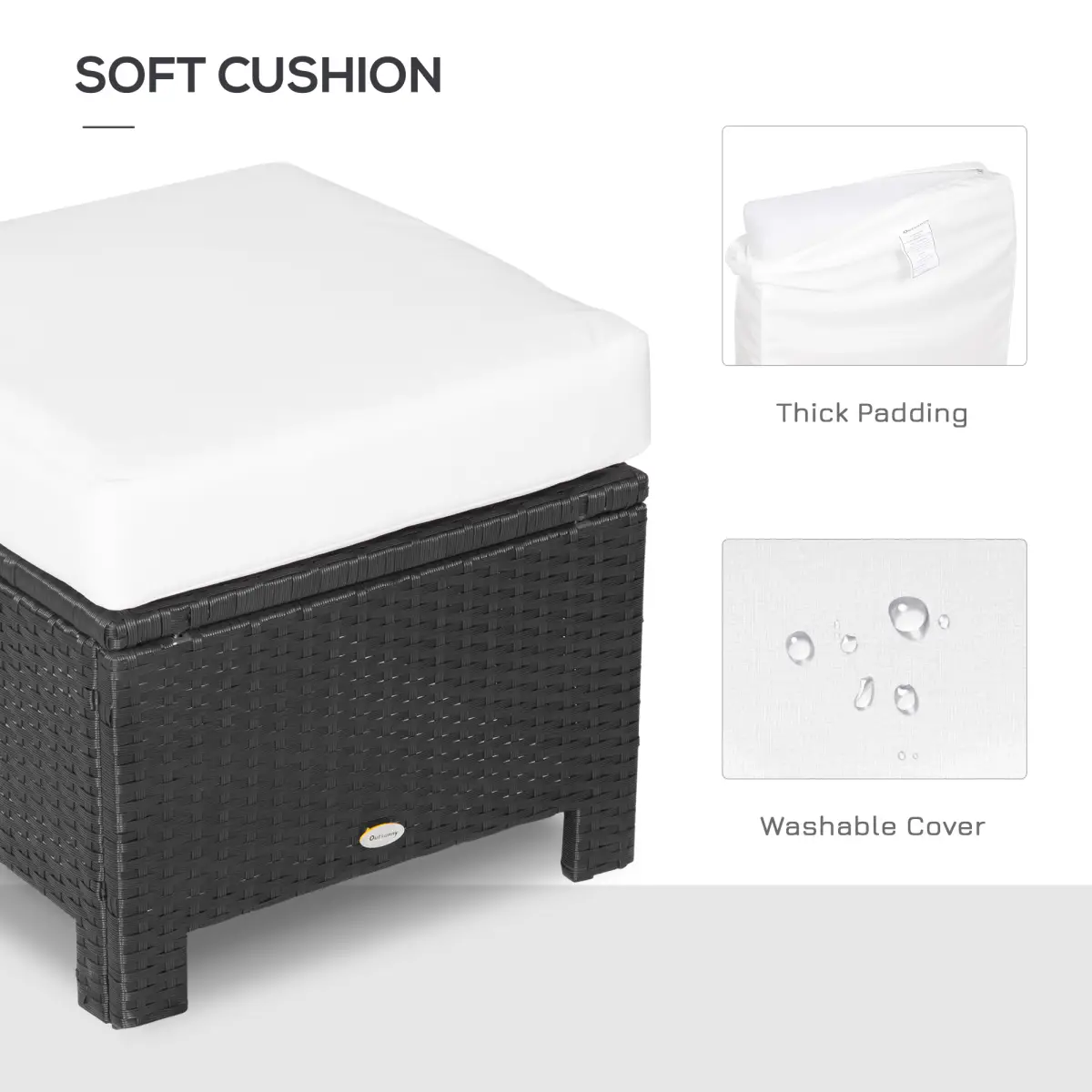 Rattan Footstool Wicker Ottoman with Padded Seat Cushion Furniture 50x50x35 cm by Outsunny
