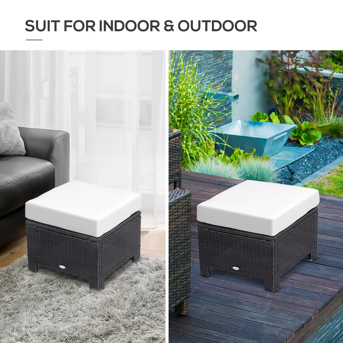 Rattan Footstool Wicker Ottoman with Padded Seat Cushion Furniture 50x50x35 cm by Outsunny