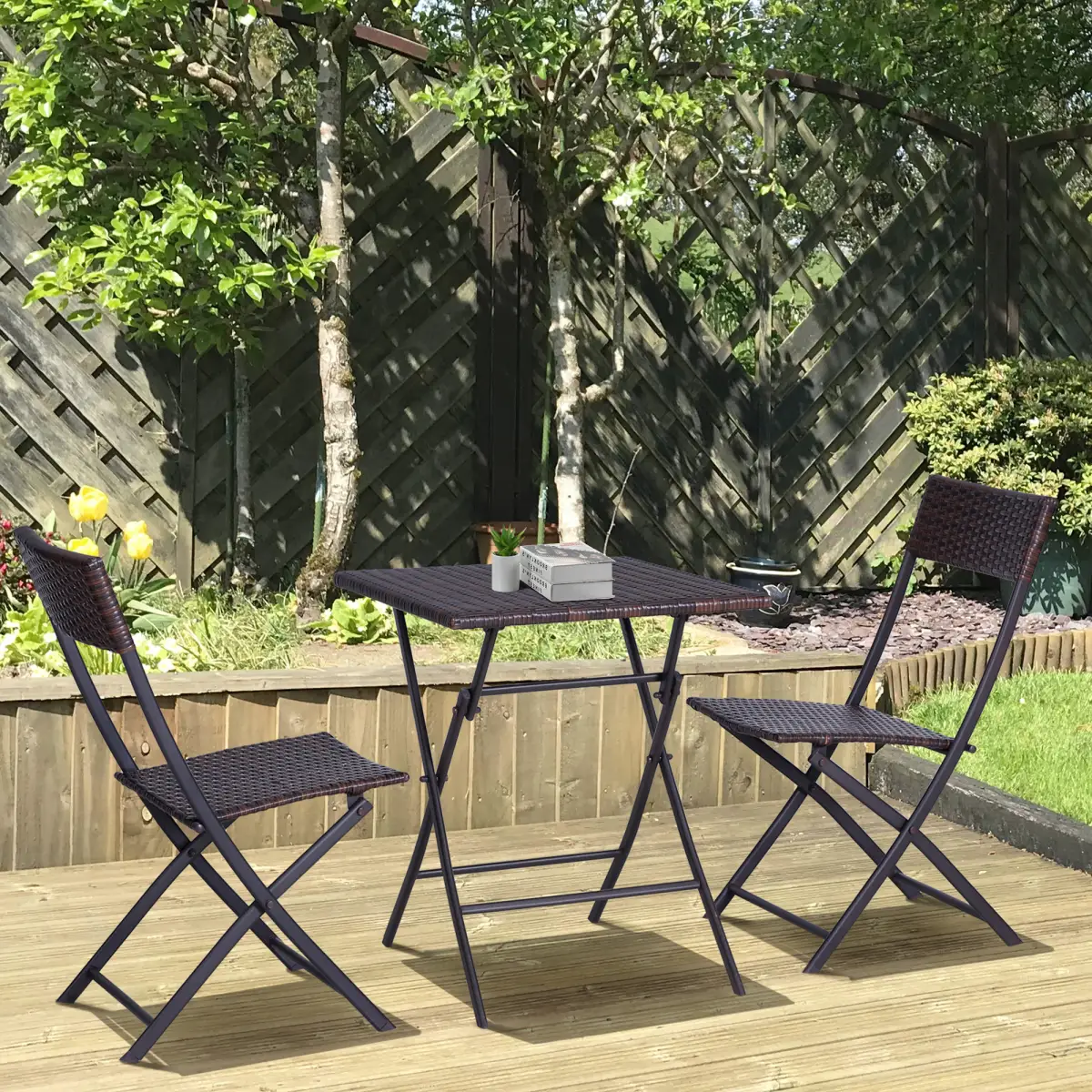 Rattan Garden Bistro Set Coffee 2 Wicker Weave Folding Chairs & 1 Square Table by Outsunny