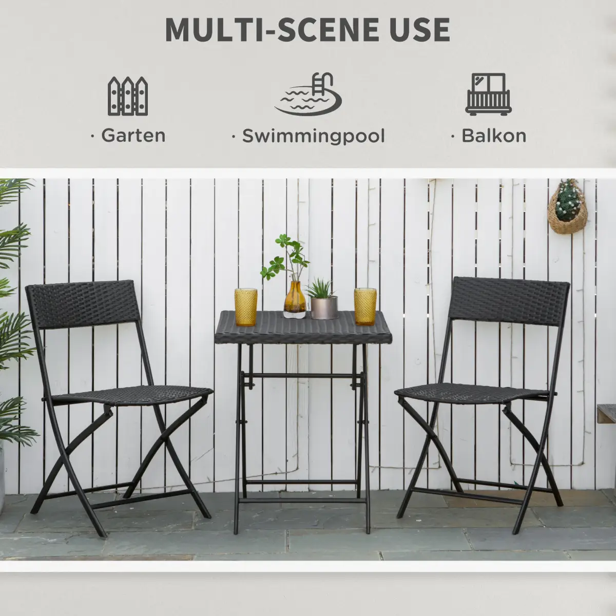 Rattan Garden Bistro Set Coffee 2 Wicker Weave Folding Chairs & 1 Square Table by Outsunny