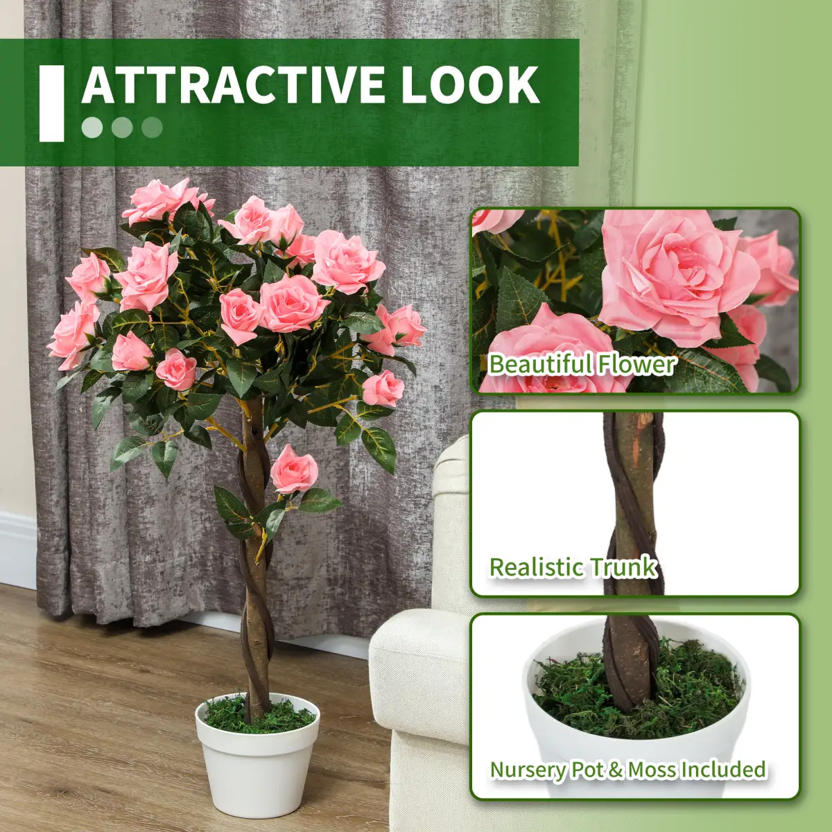 Artificial Camellia Tree Fake 21 Flowers & Nursery Pot Decor, 90cm by Outsunny