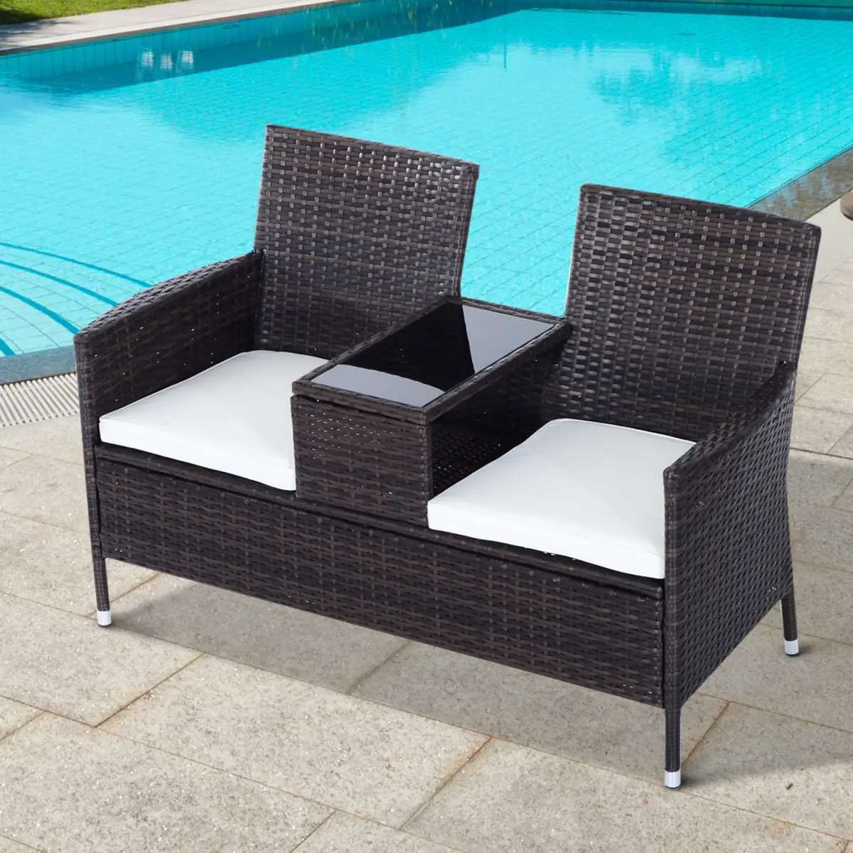 2-Seater PE Rattan Outdoor Garden Bench w/ Centre Table by Outsunny