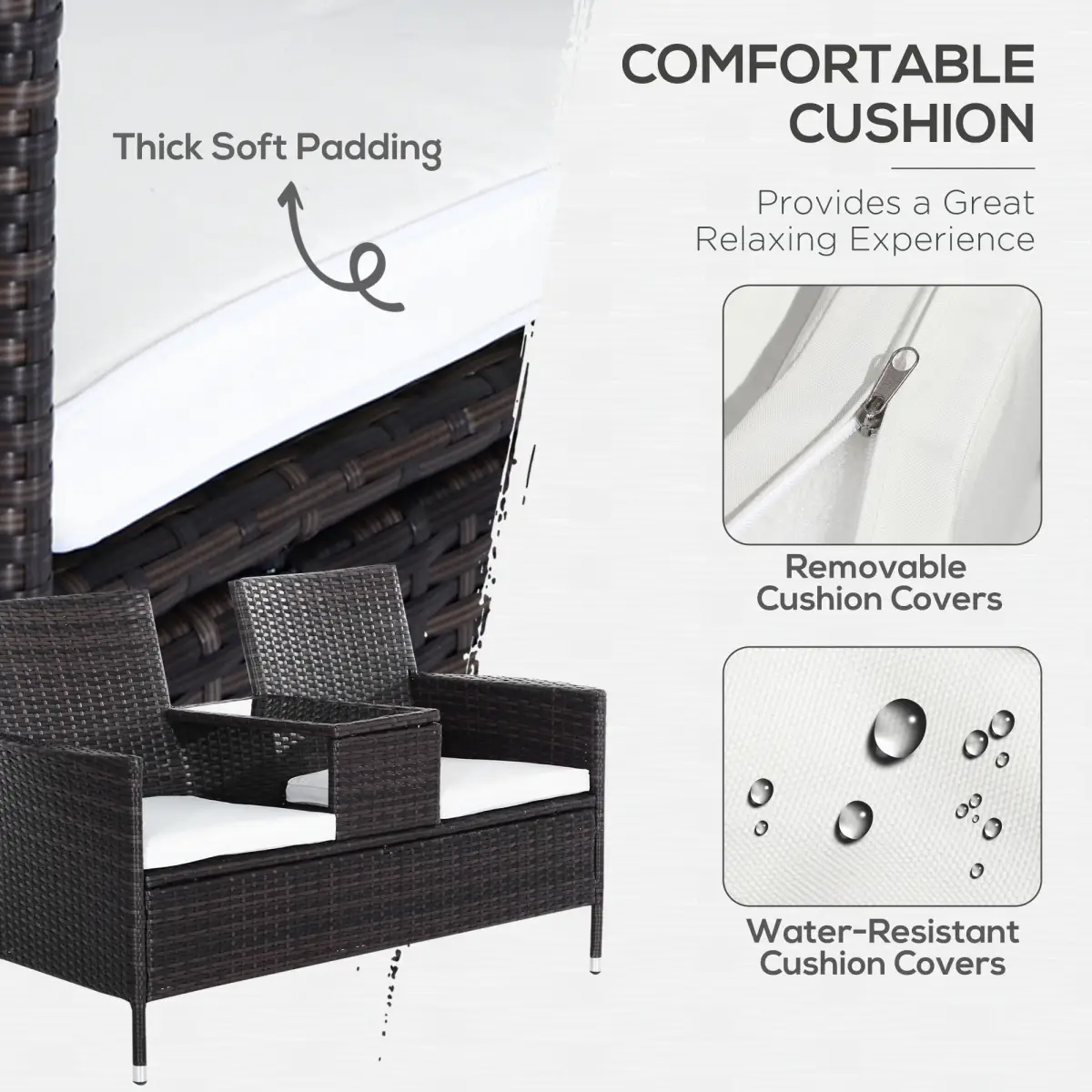 2-Seater PE Rattan Outdoor Garden Bench w/ Centre Table by Outsunny