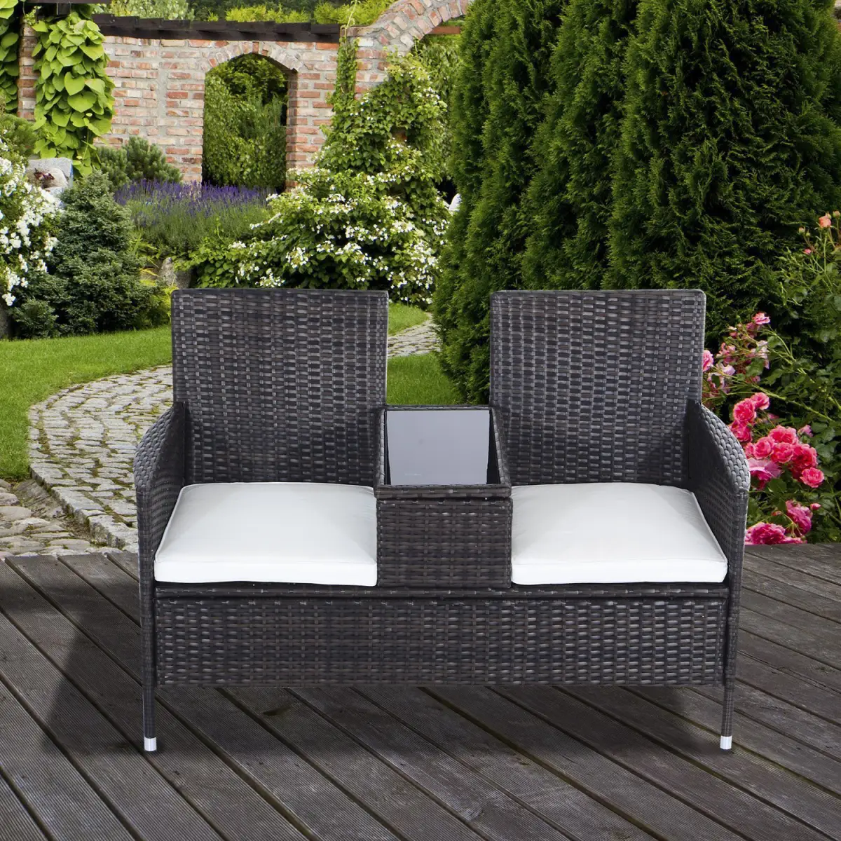 2-Seater PE Rattan Outdoor Garden Bench w/ Centre Table by Outsunny