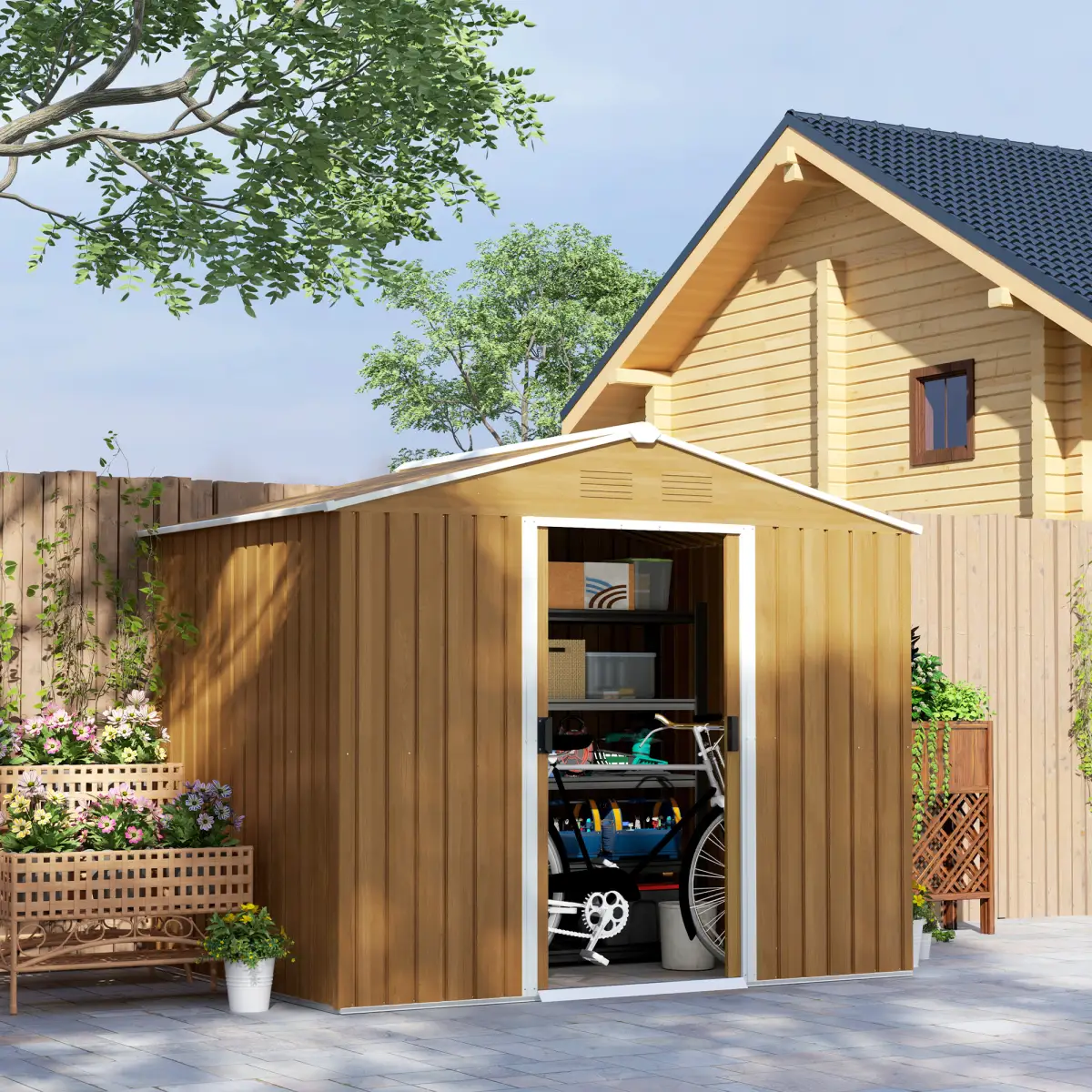 Outdoor Garden Roofed Metal Storage Shed Tool Box Ventilation & Sliding Doors by Outsunny