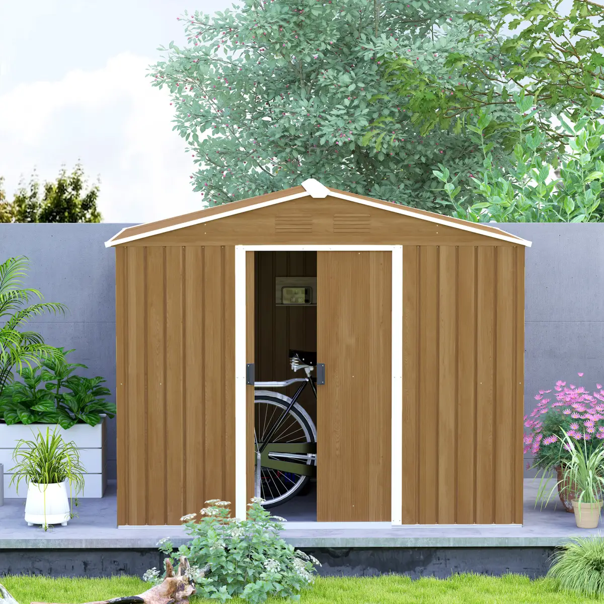 Outdoor Garden Roofed Metal Storage Shed Tool Box Ventilation & Sliding Doors by Outsunny
