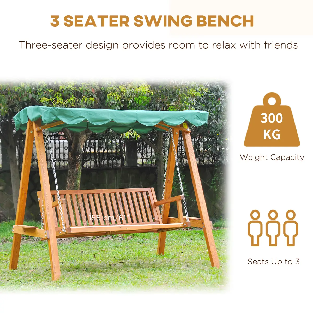 3-Seater Wooden Garden Swing Chair Seat Bench by Outsunny