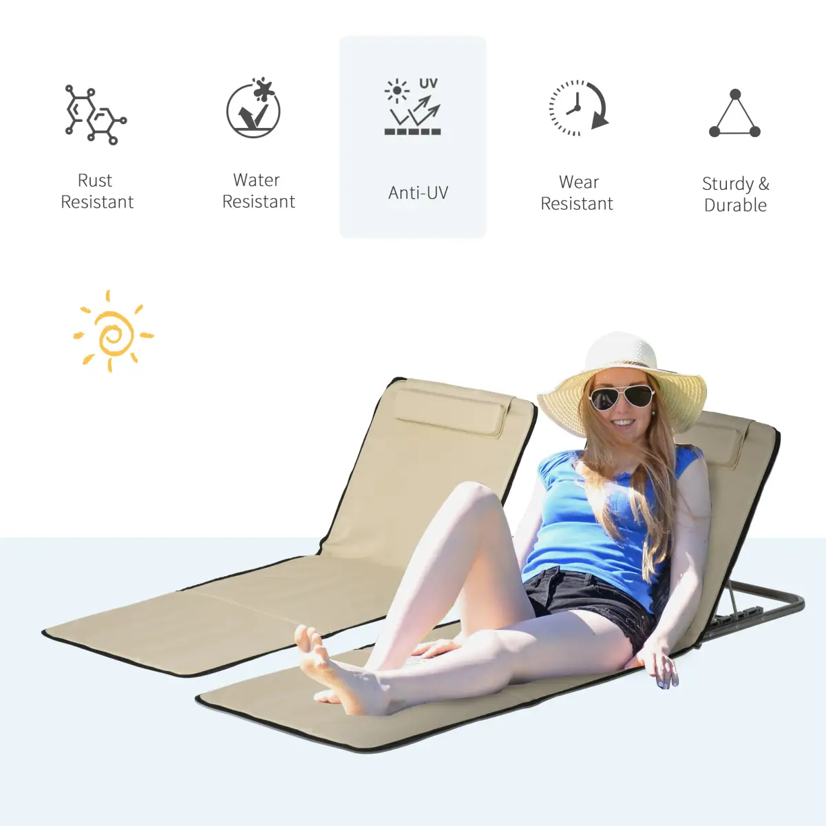 2 Foldable Garden Beach Chair Sun Lounger Seats Metal Frame Head Pillow by Outsunny