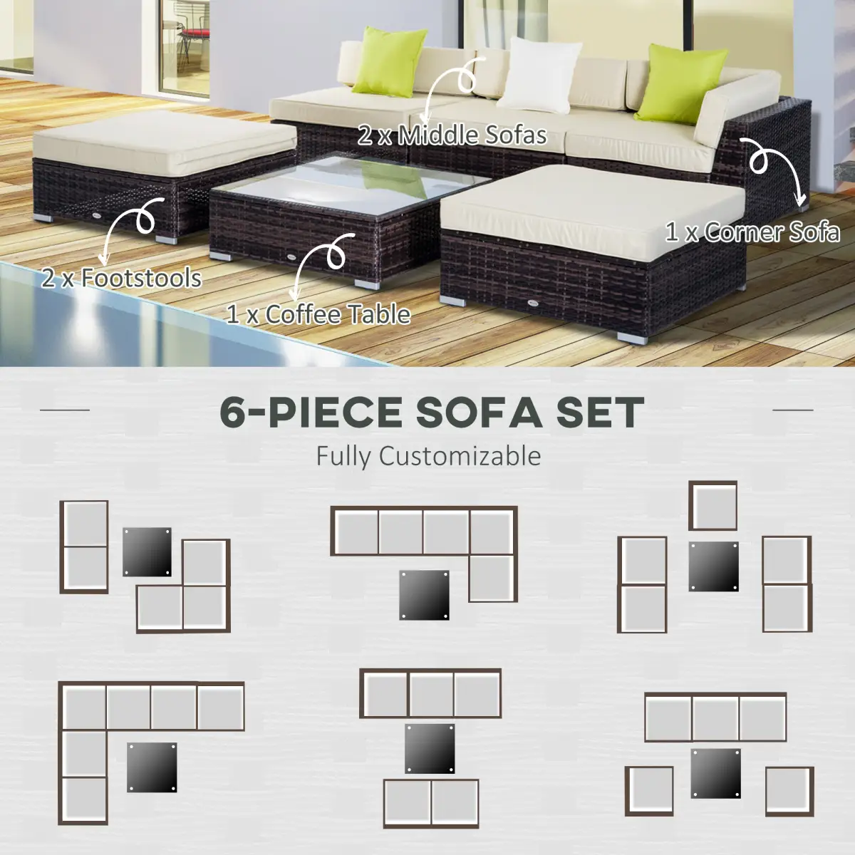 6 PC Rattan Sofa Coffee Table Set Sectional Wicker Weave Furniture by Outsunny