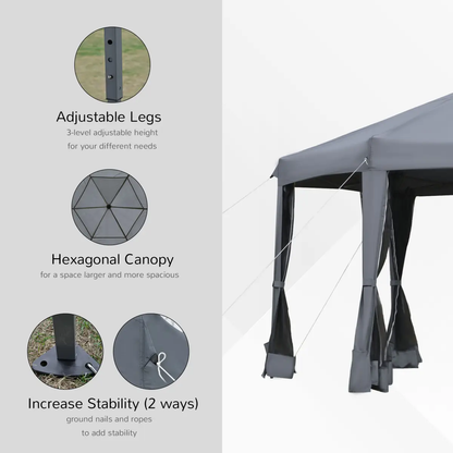 3.2m Pop Up Gazebo Hexagonal Tent Sun Protection with Mesh Sidewalls, Handy Bag by Outsunny