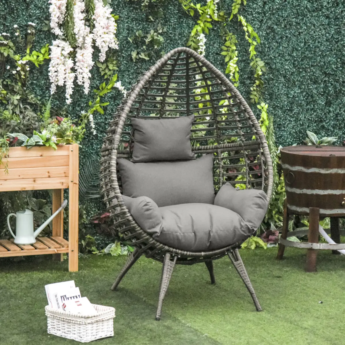 Outdoor Indoor Rattan Egg Chair Wicker Weave Teardrop Chair with Cushion by Outsunny