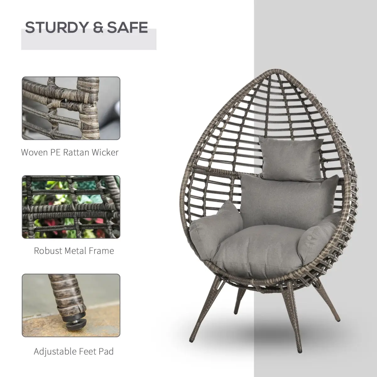 Outdoor Indoor Rattan Egg Chair Wicker Weave Teardrop Chair with Cushion by Outsunny
