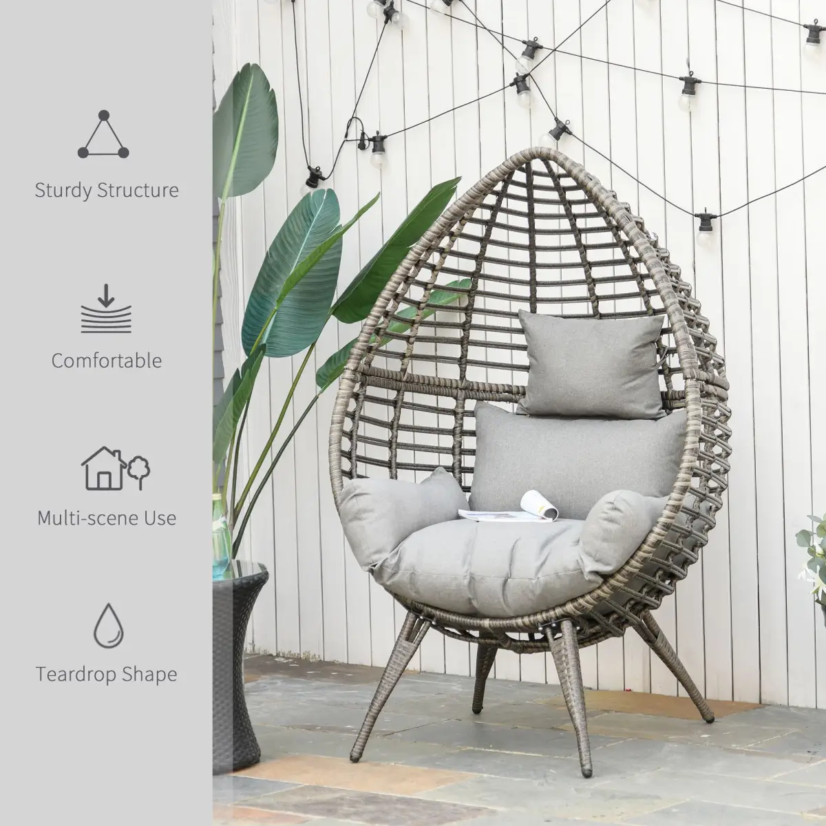 Outdoor Indoor Rattan Egg Chair Wicker Weave Teardrop Chair with Cushion by Outsunny